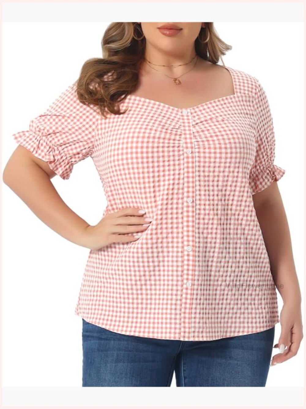 Women's Plus Size Gingham Sweetheart Neck Blouse Flounce Sleeve Retro Summer Top